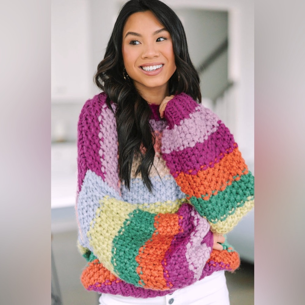 Chunky Knit Rainbow Striped Long Sleeve Knit Sweater by Entro Boutique - Picture 1 of 14